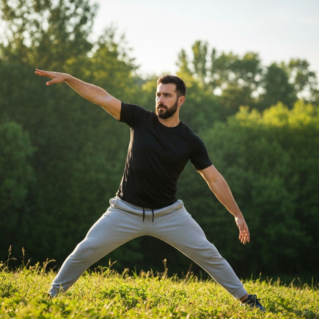 Man stretching and maintaining joint flexibility